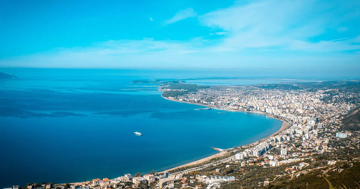 Calm turquoise water along the Karaburun Peninsula on a clear June morning, Vlore Albania