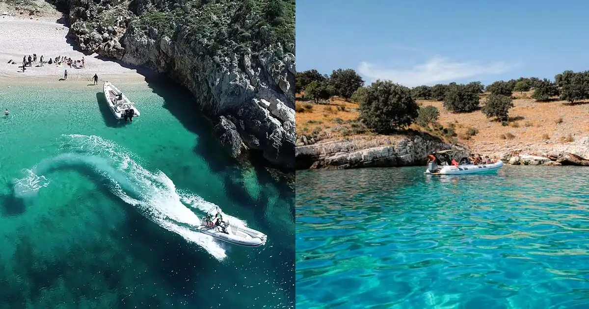 Turquoise coastline of the Karaburun Peninsula seen from a speedboat departing Vlore, Albania